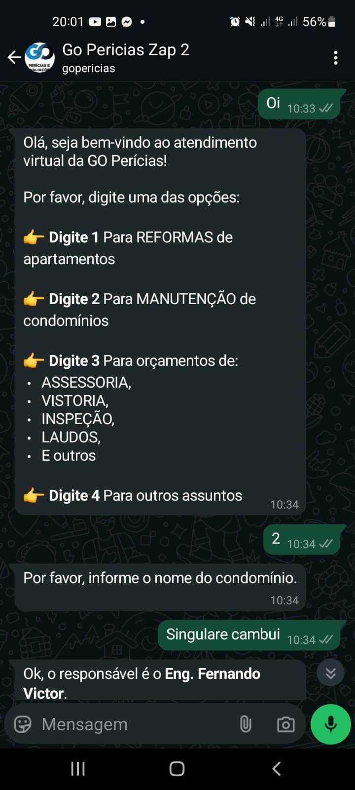 Exemplo de conversa com o agente da Go Perícias