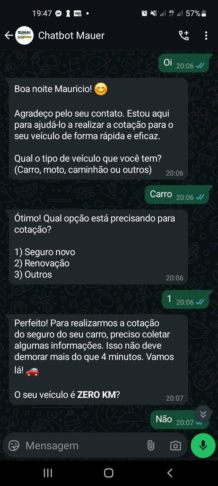 Exemplo de conversa com o agente da Mauer Seguros